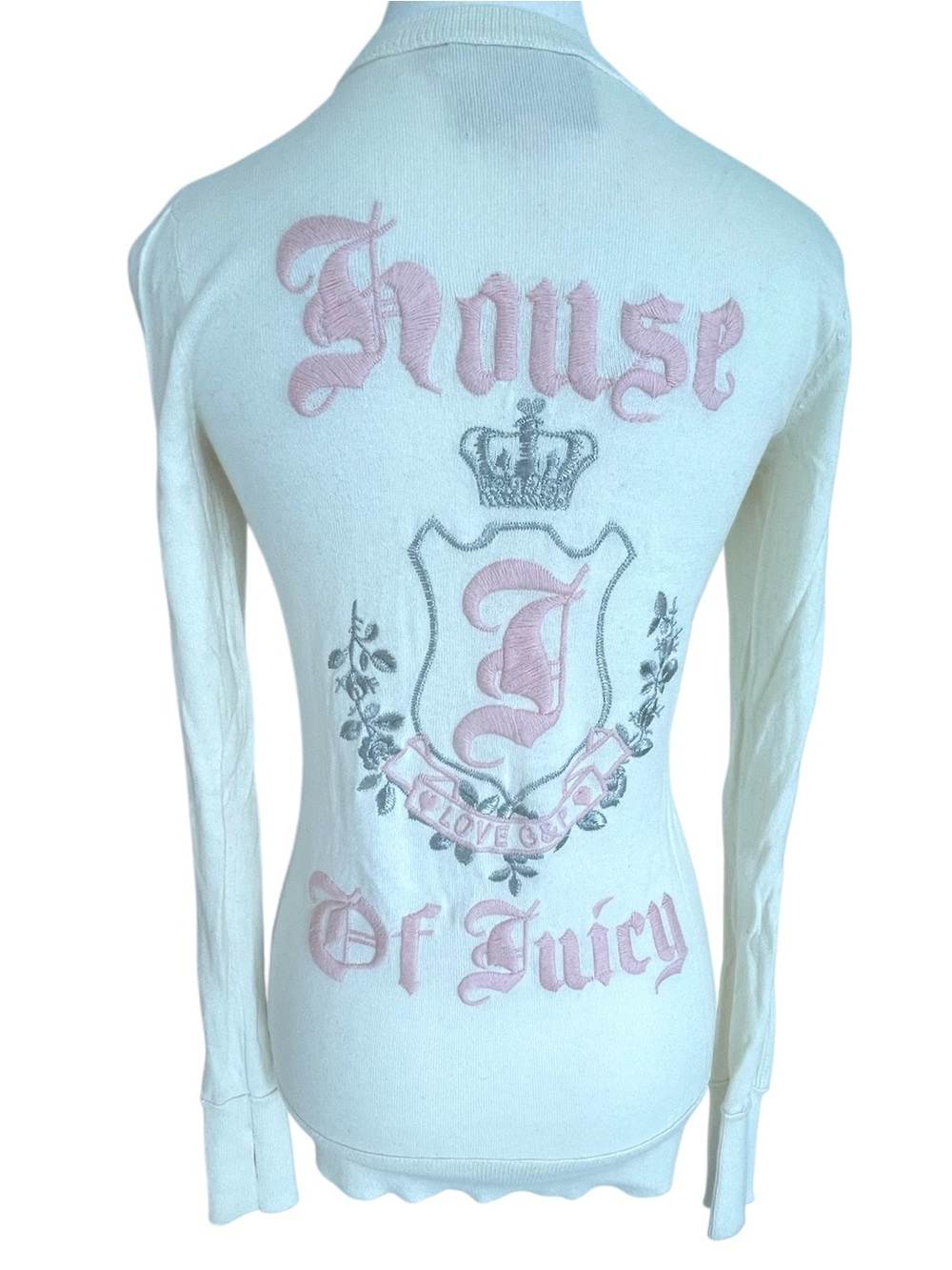Juicy Couture V-Neck Off-White Sweater Pink & Silver Embroidery on Back Small
